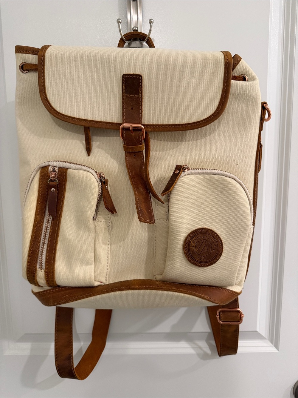 Cream Canvas Backpack with Brown Leather Trim - Casual Men’s Pack